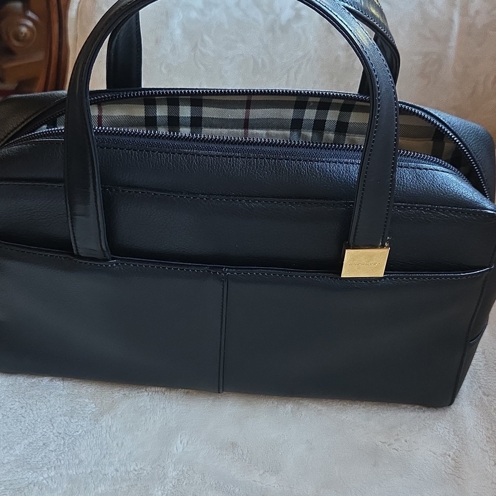Black Leather Women's Handbag with Signature Plaid Liner
